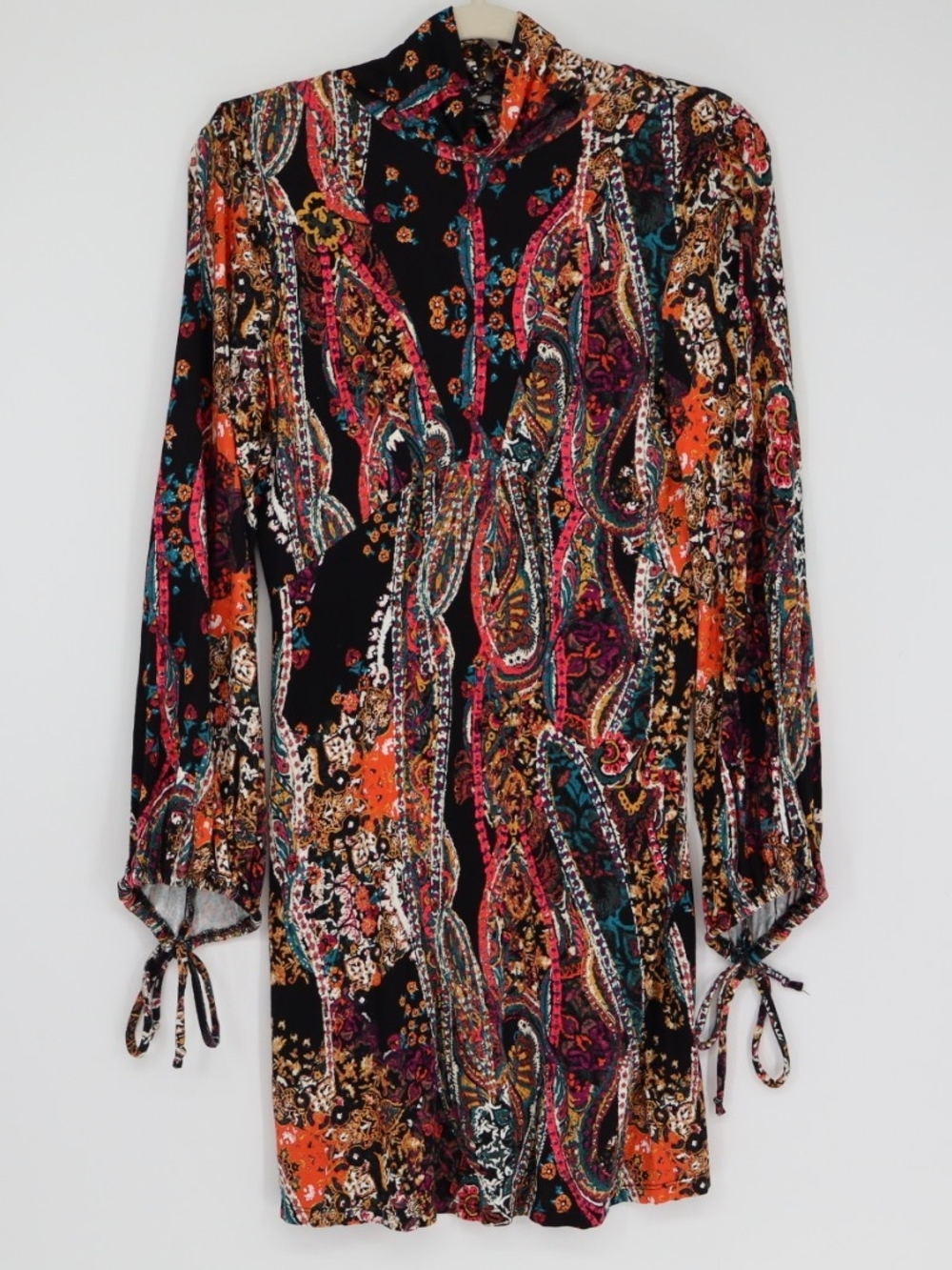 Free People All Dolled Up Open Back Long Sleeve Floral Paisley Mini Dress Size M